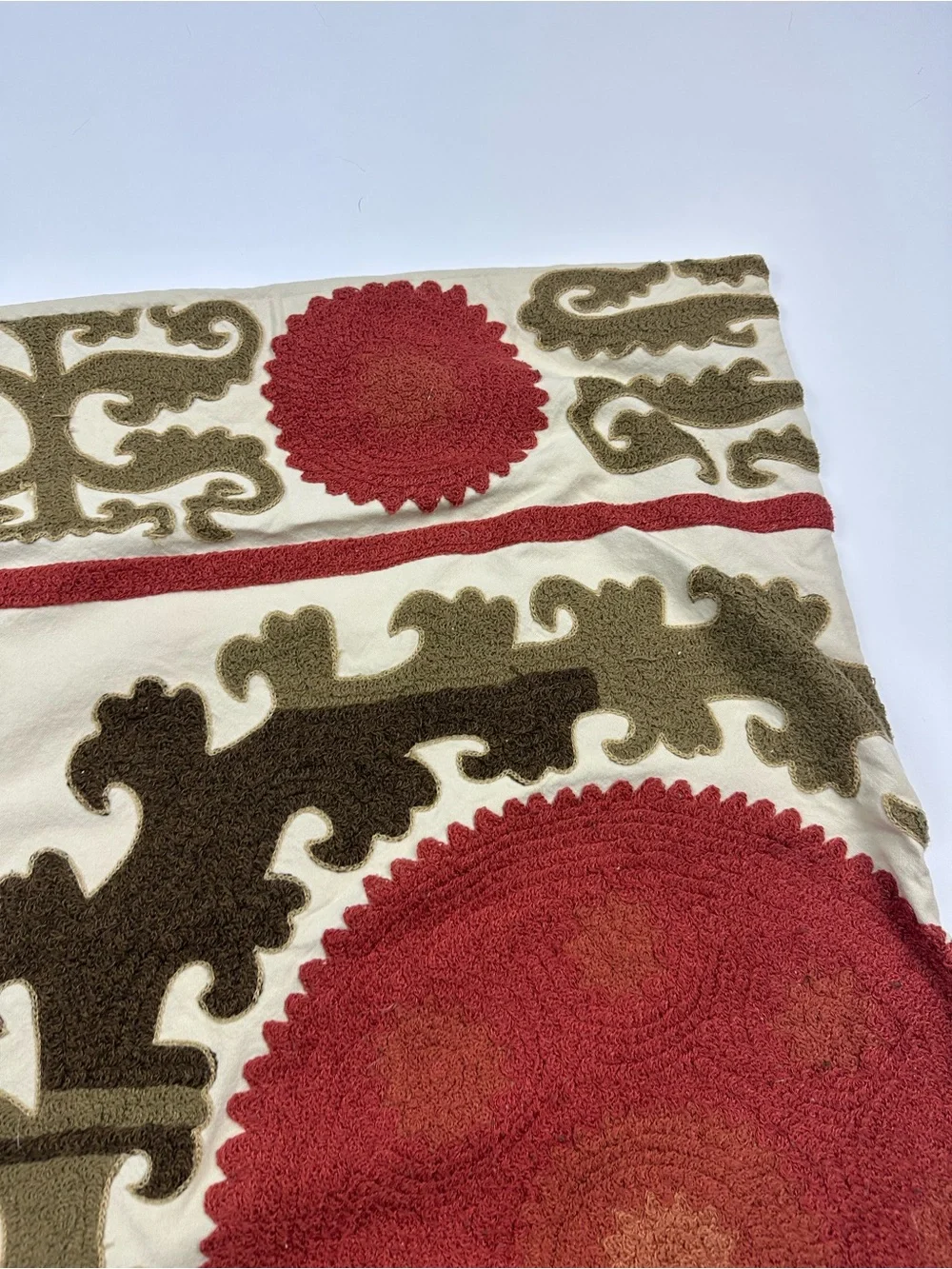 Pottery Barn Suzani Crewel Embroidered Pillow Cover Terracota Olive 26 x 26